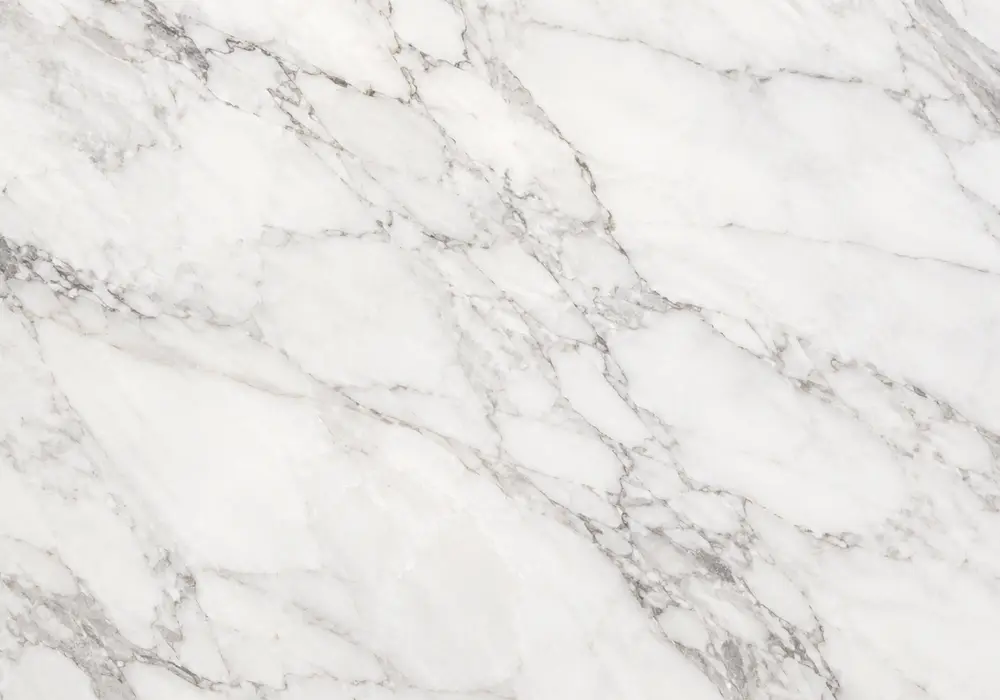 Palissandro White on a hotel reception wall and custom counter with flowing blue-grey veins and polished, honed samples.