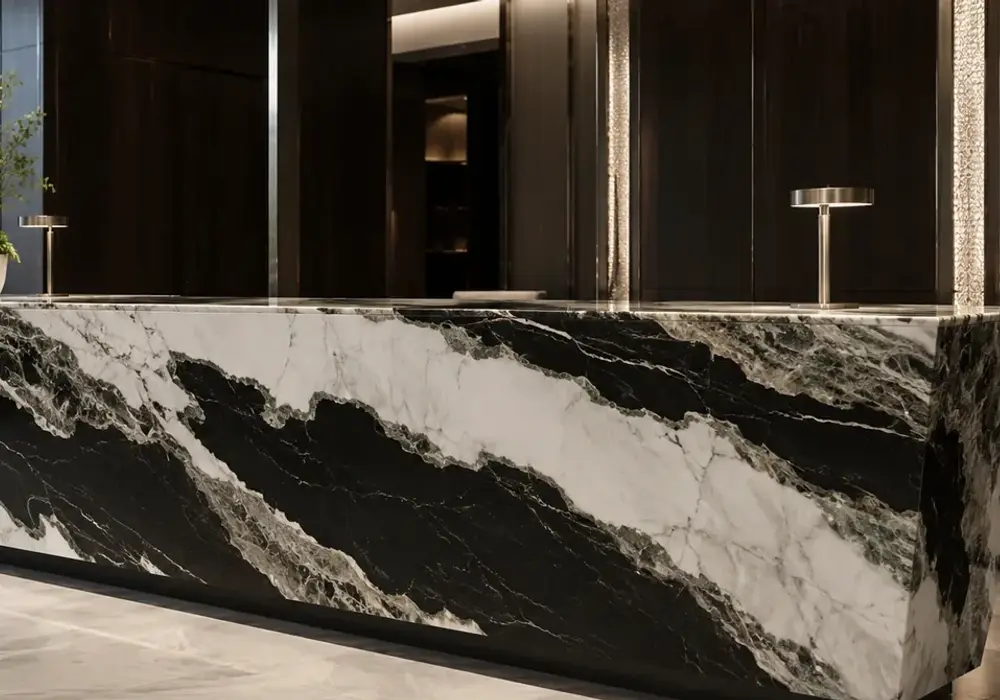 sophisticated feature stone across a statement wall, flooring and a sculptural countertop, with authentic slab variation.