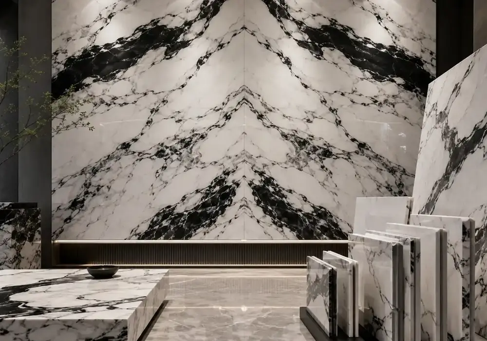 sophisticated statement stone across a feature wall, flooring and a sculptural countertop, with authentic slab variation.