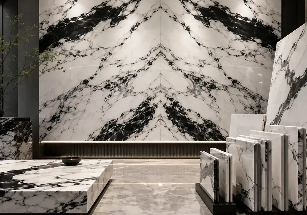 Bold black ribbons cut across luminous Panda White Marble, supporting clear and accurate Panda White origin verification.
