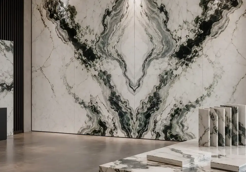 sophisticated statement material across a statement wall, flooring and a sculptural countertop, with natural slab variation.