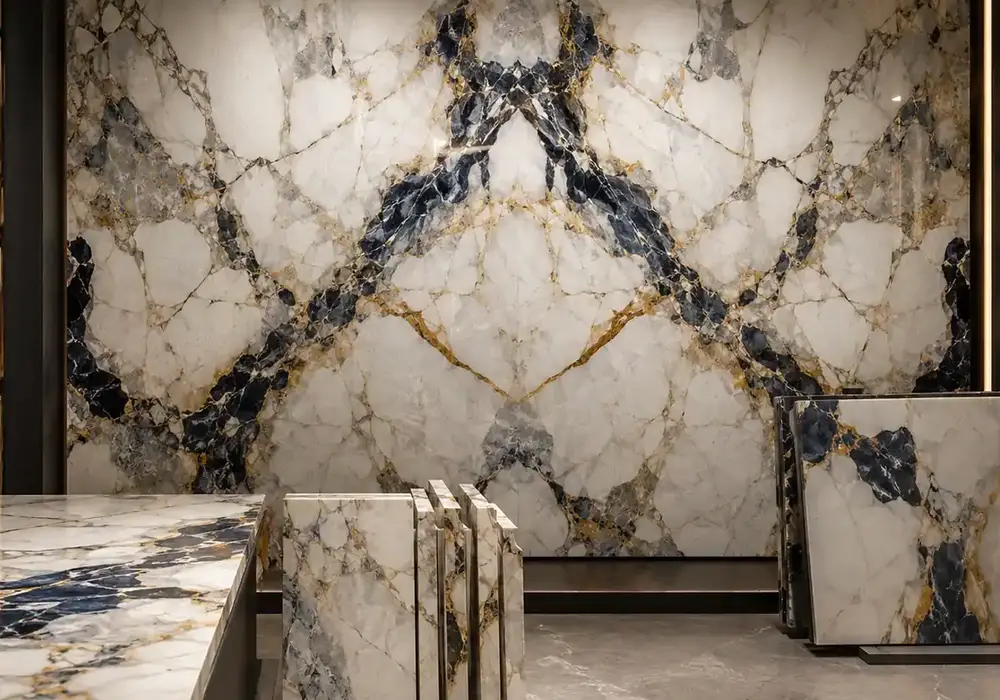 sophisticated statement stone across a feature wall, flooring and a sculptural countertop, with authentic slab variation.