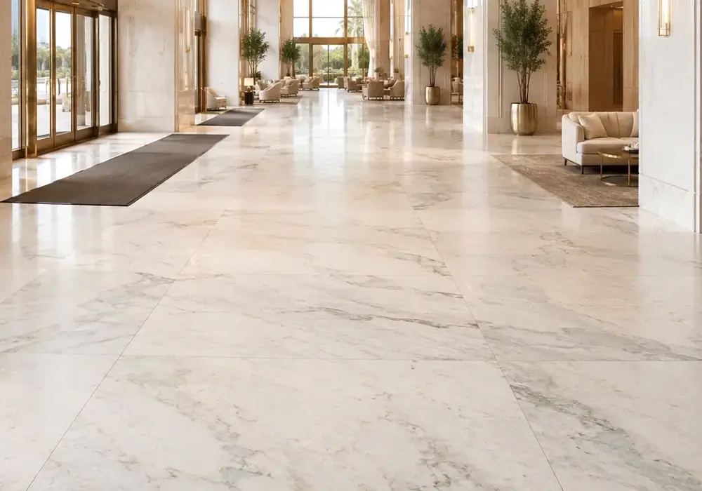 Mount Penteli marble in a classical Greek architectural interior, showing natural texture and refined architectural detail.