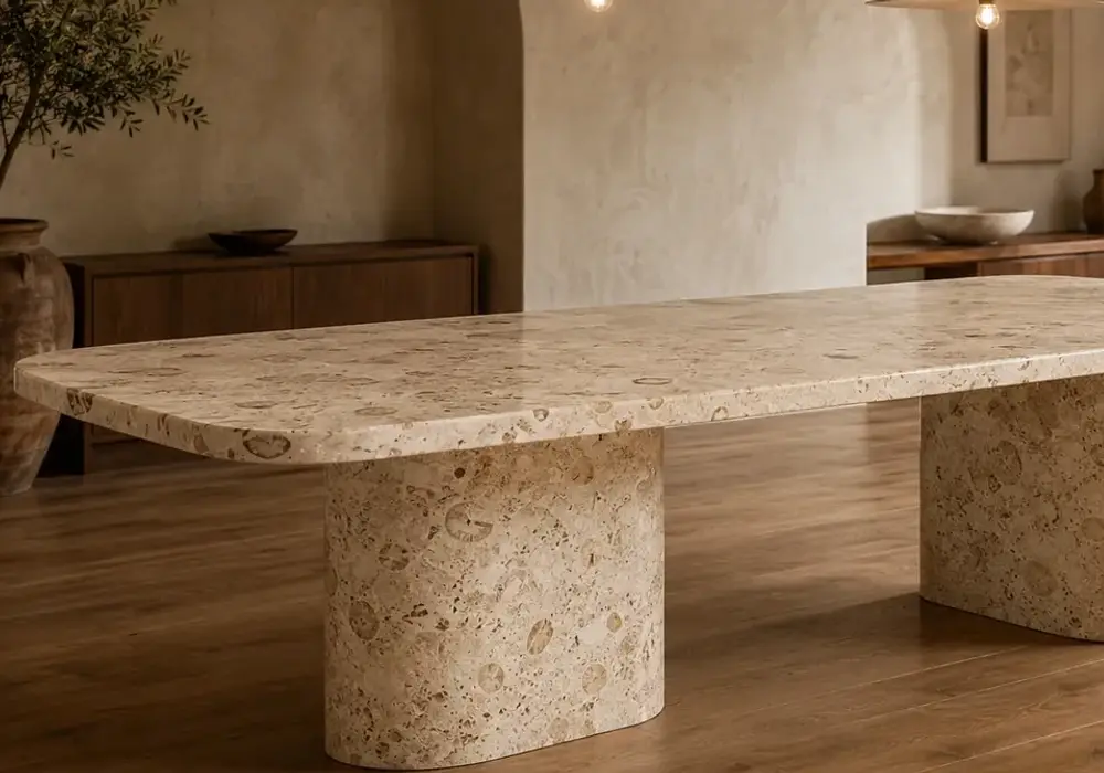 Botticino di Sicilia in a classic hotel lobby, showing natural slab variation, realistic finishes and architectural detail.