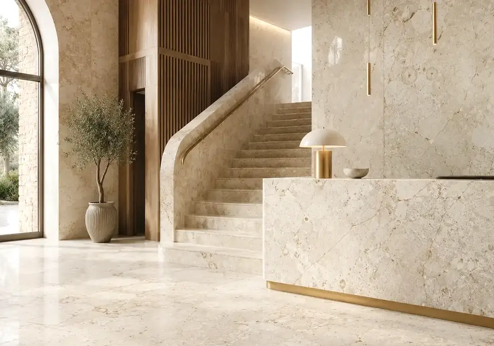 brown fossil inclusions appear across graded ivory slabs with polished and honed samples showing pearl-like calcite details.