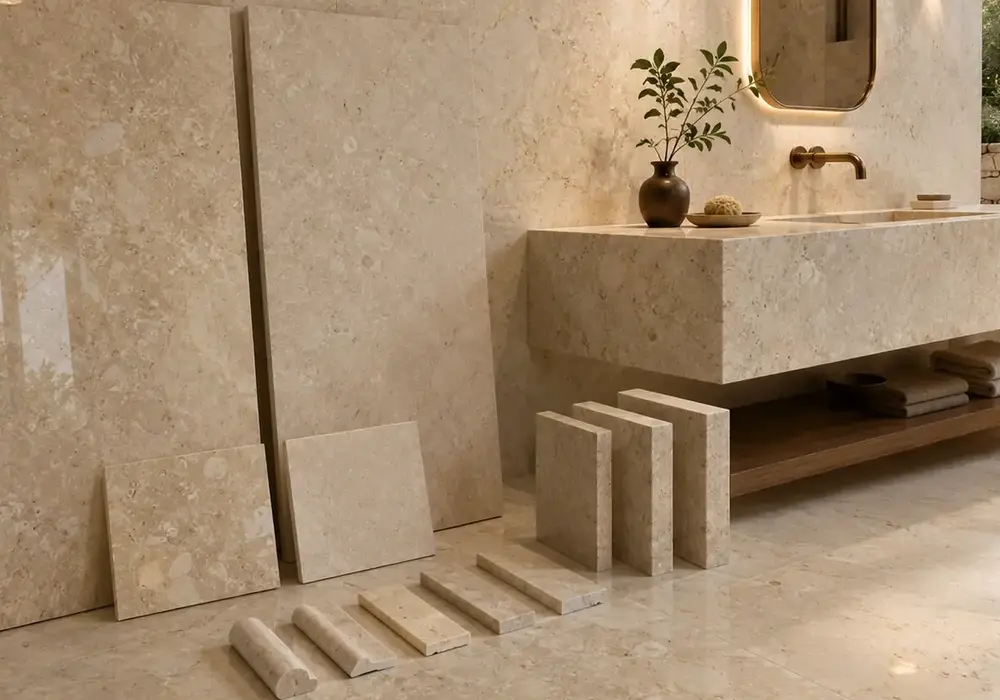 Perlato Sicilia Marble foyer reception wall in a luxury stone showroom with large slabs and refined interior detailing