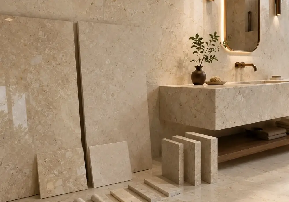 sophisticated interior feature stone across wall cladding, flooring and a stone countertop, with authentic slab variation.