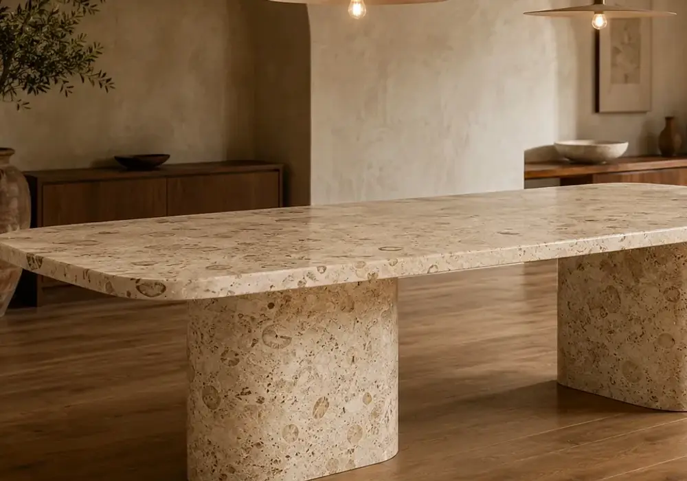 Honey-beige Perlato Sicilia Marble features pearl-like calcite and fossils, expressing its genuine Custonaci Sicily origin.