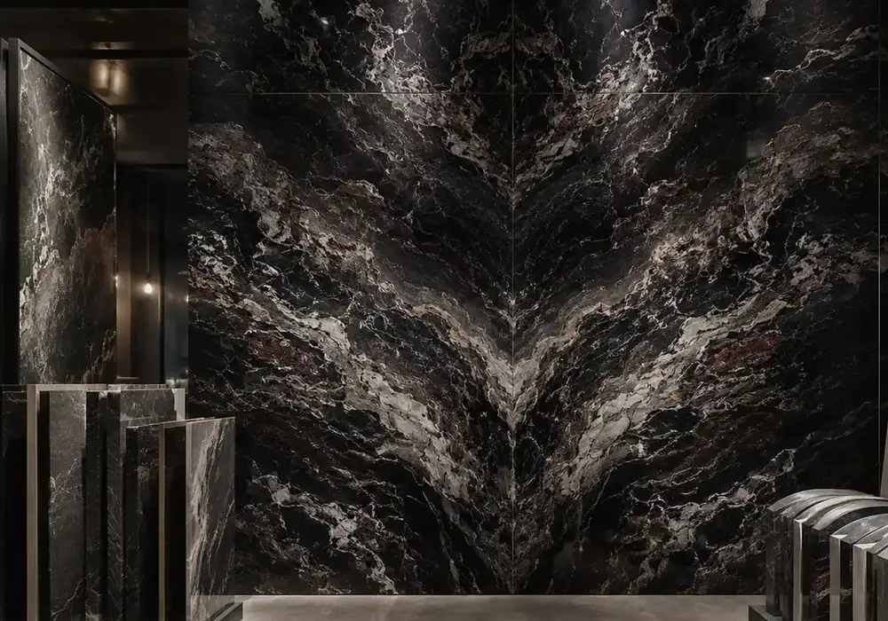 sophisticated statement stone across a statement wall, flooring and a sculptural countertop, with authentic slab variation.