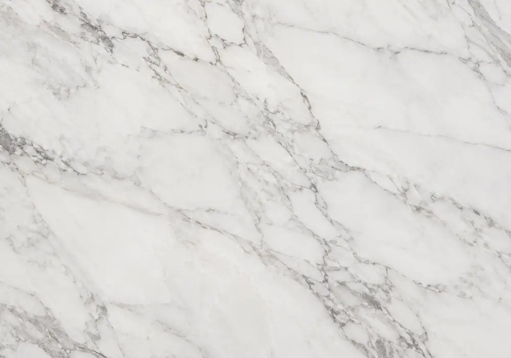 Picasso White marble in a gallery interior, with natural mineral detail, realistic depth and refined architectural detail.