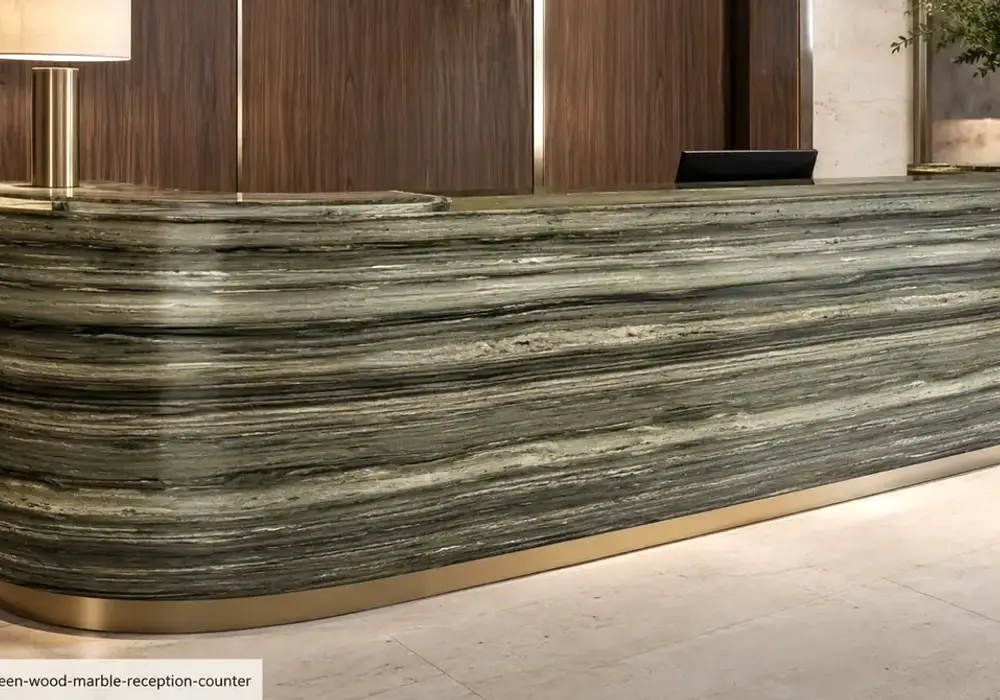 sophisticated biophilic feature stone across a feature wall, flooring and a sculptural countertop, with realistic finishes.