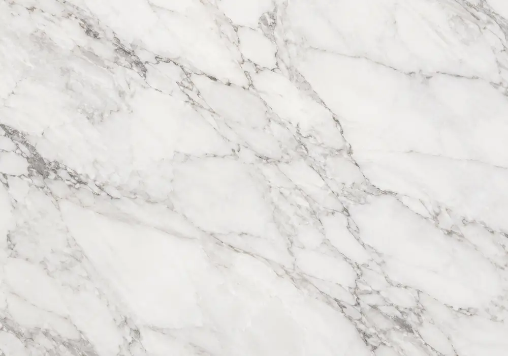 Elegant pietrasanta marble tile slab with luminous white ground, powder-blue rivers, taupe tendrils and beige-gold veins.