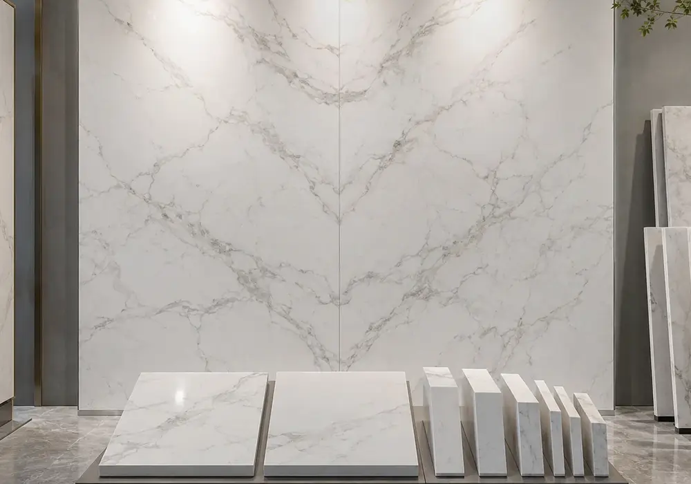 Polaris marble luxury fireplace wall with crisp luminous white stone and restrained cool grey mineral movement.