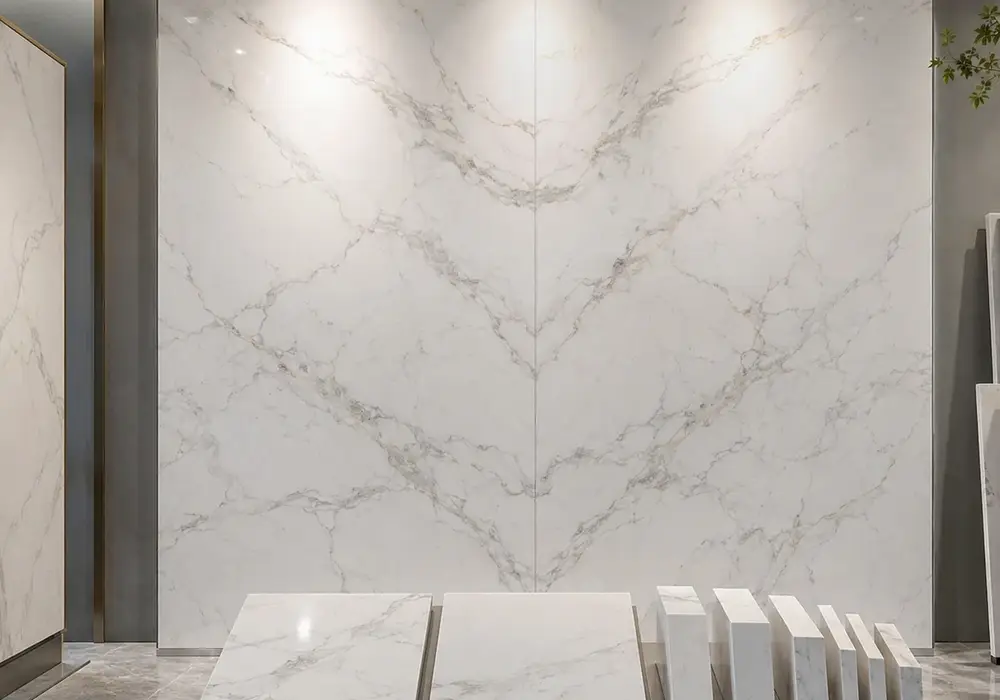 Polaris slabs from nearly plain white to silver-grey streamed grades, shown polished and honed with UAE project stock ready.