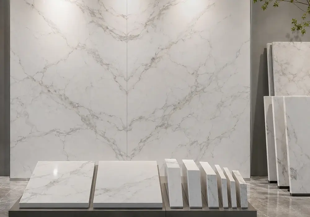 elegant minimalist feature stone across wall cladding, large-format flooring and a countertop, with authentic slab variation.