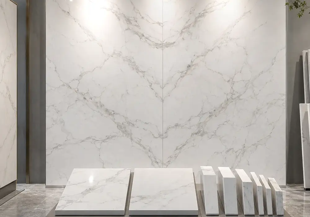 Polaris marble price reference showing a grey and white slab with clouded movement, natural veining, plus fine mineral depth.