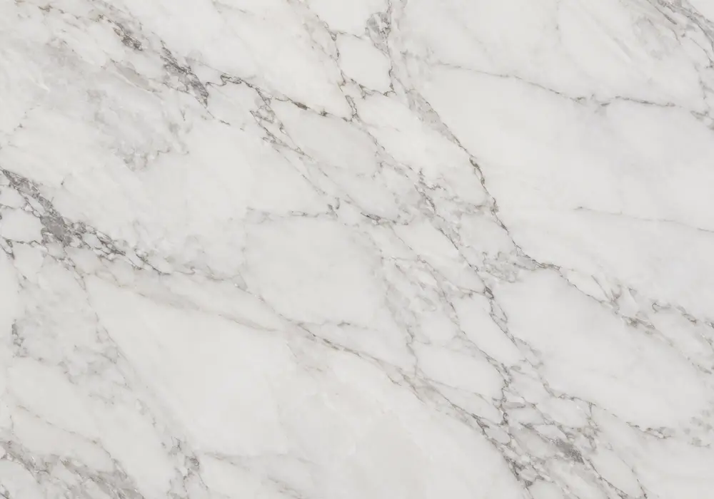 Polaris vs Sivec on polished island, vanity and honed floor, comparing grey-veined white stone with near-uniform Sivec slabs.