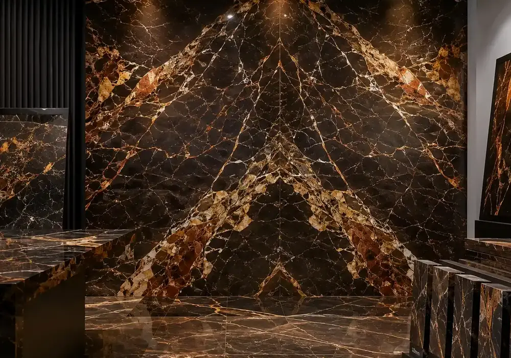 sophisticated feature stone across a statement wall, flooring and a sculptural countertop, with authentic slab variation.