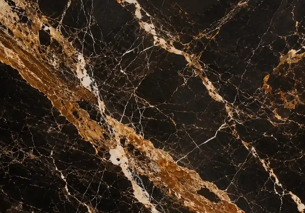 Port Laurent fireplace in polished brown-black stone with gold and cream veins, backed by slabs and honed finish samples