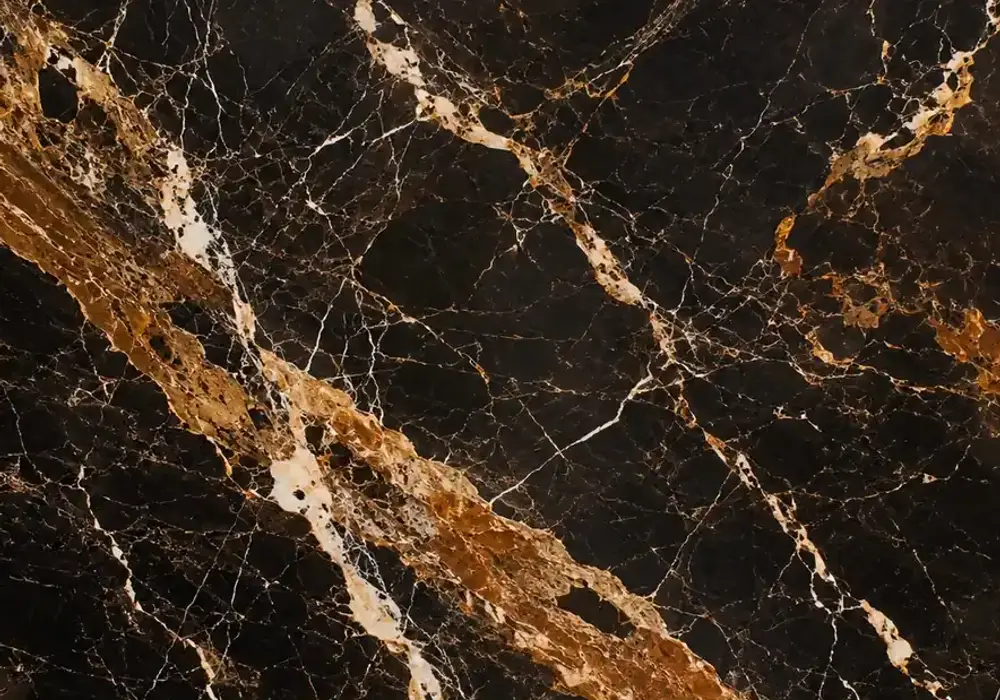 Port Laurent marble luxury fireplace surround with dark stone and elegant cream, gold and warm mineral veining.
