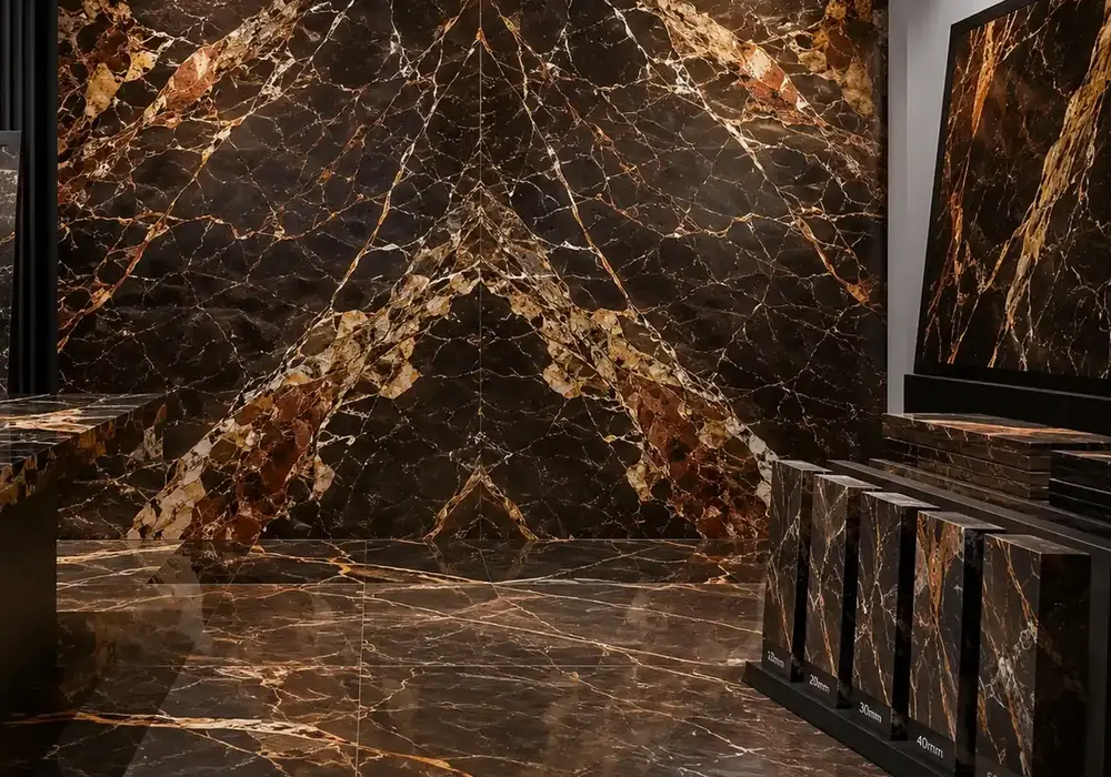 Moroccan black marble featured in a sophisticated lounge, with realistic stone depth and refined architectural detailing.