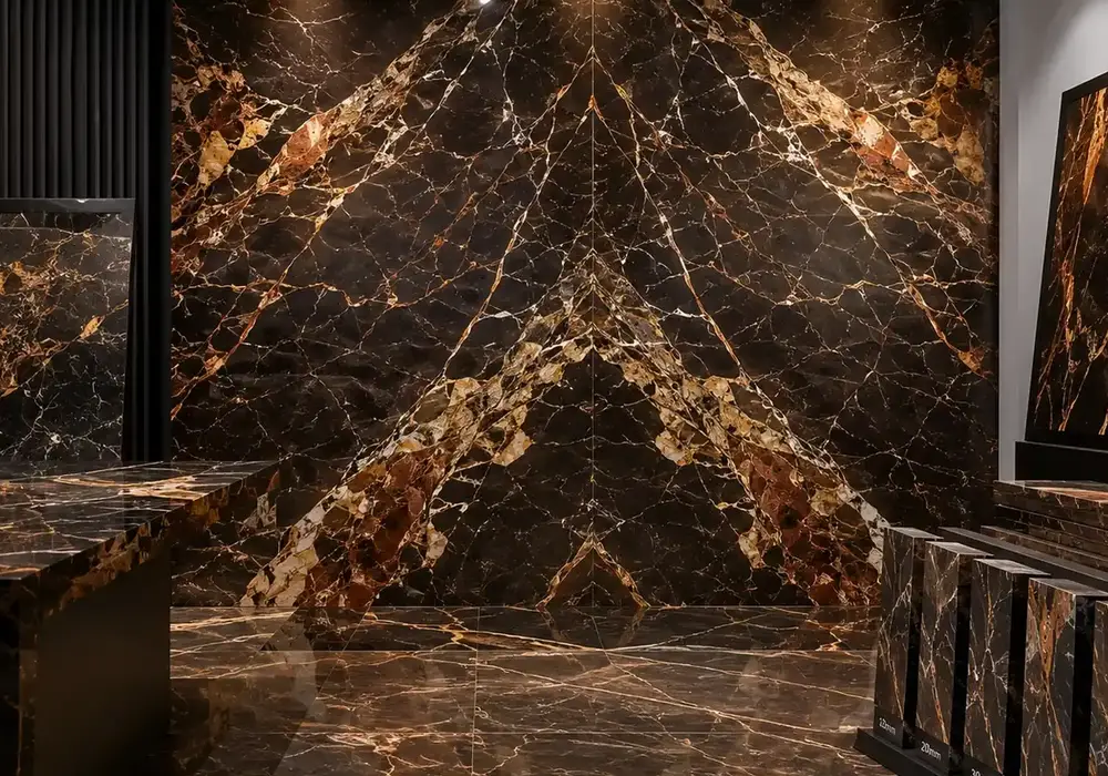 Dark Port Laurent marble price slab with chocolate-black depth, luminous gold-white ribbons, rusty branches and fissures.