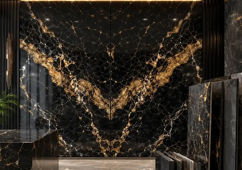 elegant high contrast feature stone across luxury wall cladding, flooring and a stone countertop, with realistic finishes.