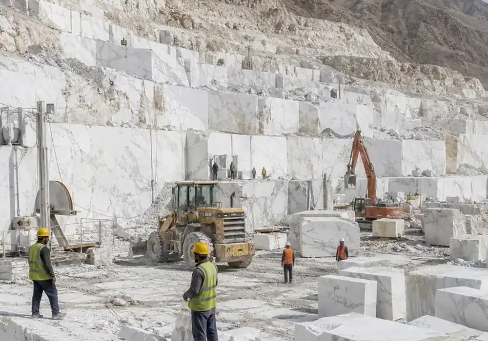 pure white marble slabs in polished, honed and textured finishes with crystalline sparkle and faint natural mineral markings.