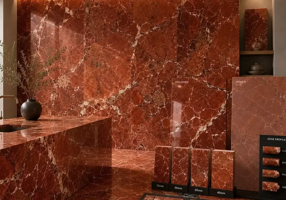 Red Alicante Marble architectural wall panel in a refined showroom with natural slabs and coordinated surfaces