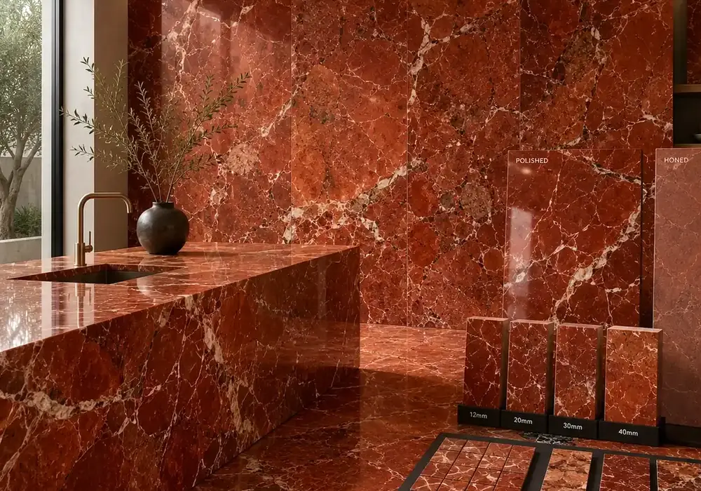 white calcite veining crosses crimson slabs and tiles in polished and honed finishes with varied grades and edge samples.