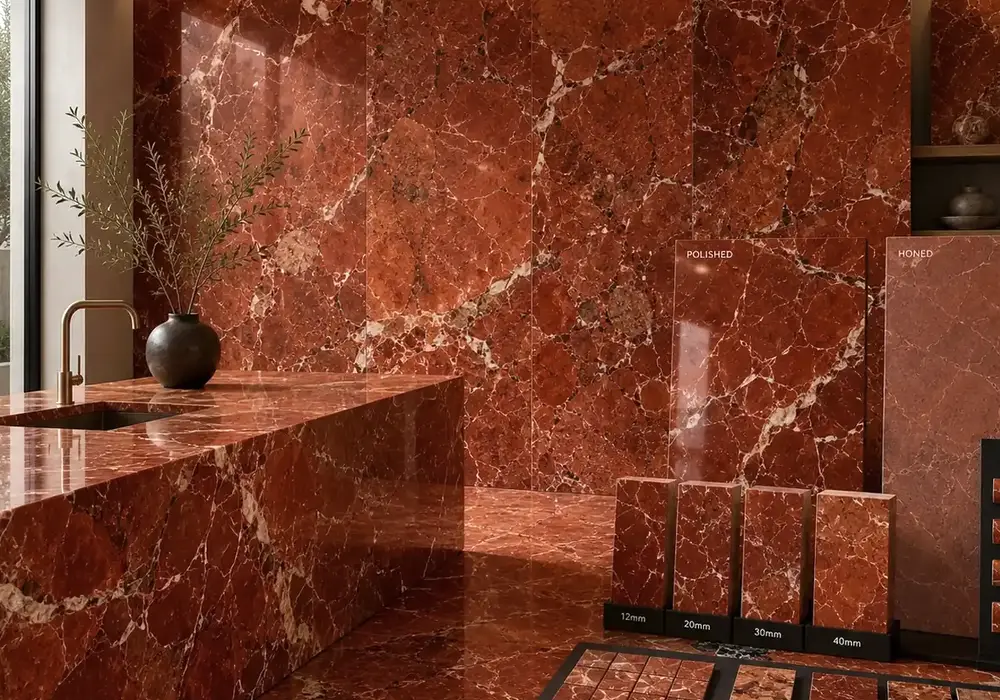 sophisticated heritage feature stone across wall cladding, flooring and a stone countertop, with authentic slab variation.