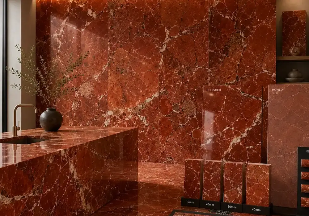 Cream calcite lines fracture deep crimson Red Alicante Marble, highlighting the bold character of Rojo Alicante marble stone.
