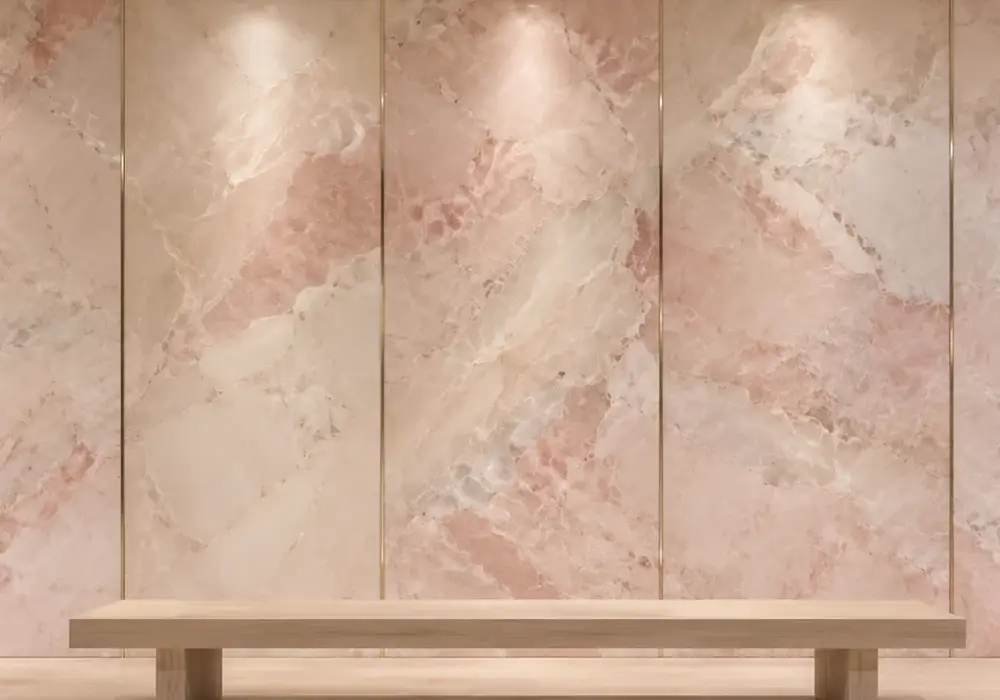 soft ivory pink background in an elegant powder room, with natural veining, natural stone depth and refined interior detail.