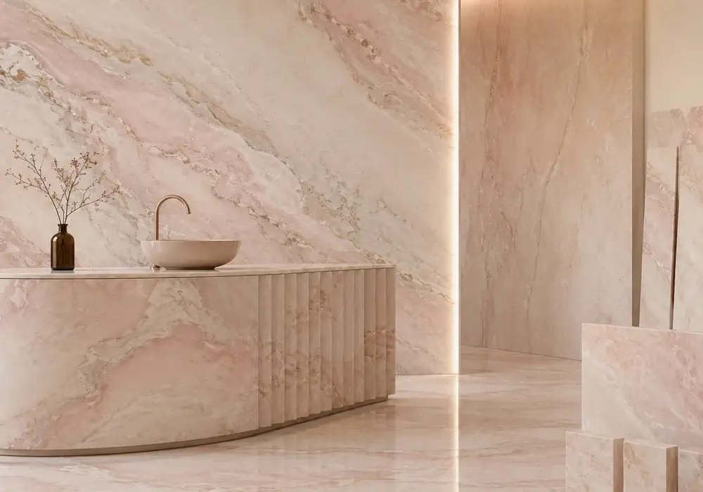 sophisticated feature stone used across a feature wall, flooring and a sculptural countertop, with authentic slab variation.