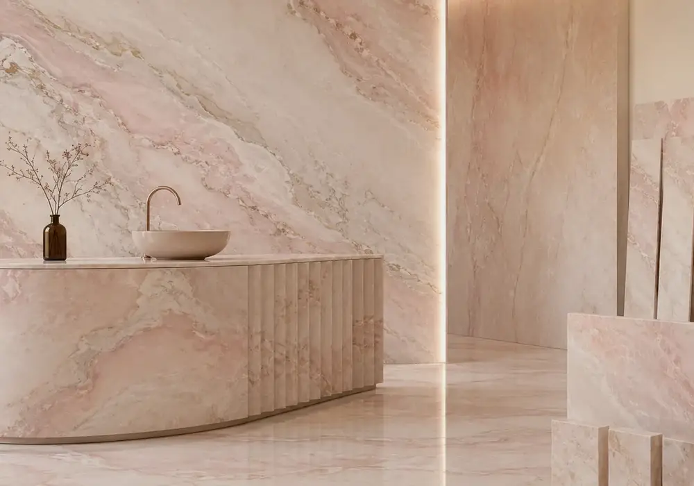 Rosa Aurora Claro on a polished kitchen island, vanity and wall accent with a honed terrace detail in soft rose stone tones.
