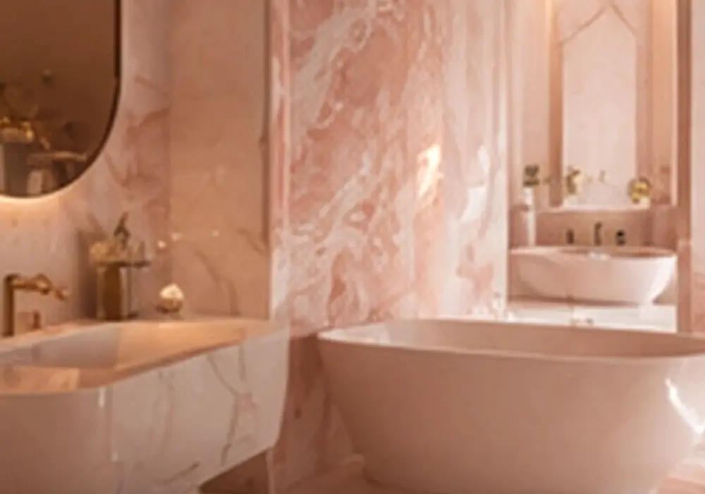 Rosa Aurora Marble slab gallery presentation with full natural panels and refined showroom lighting