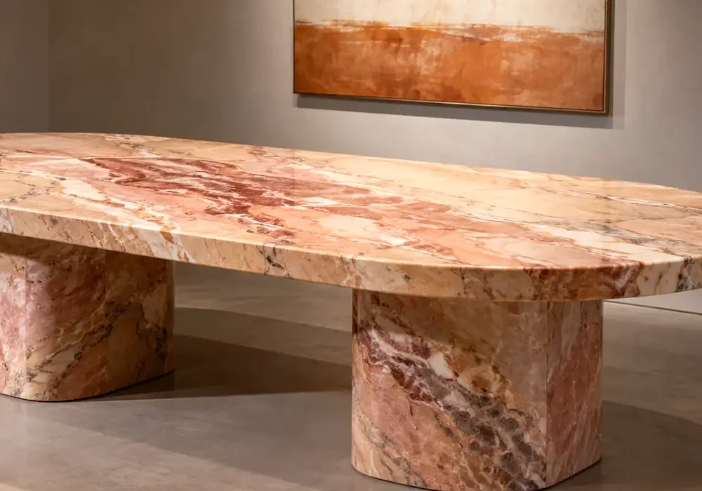 Rose Valencia marble featured in a Mediterranean luxury foyer, with realistic stone depth and refined architectural detail.