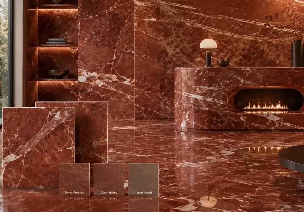 Rosso Francia marble bookmatched feature wall with intense red, orange-red and burgundy natural movement.