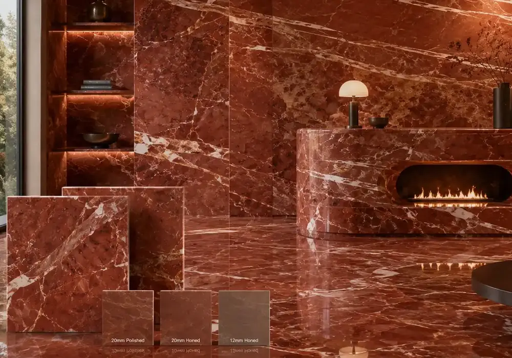 Rosso Francia UAE scene with polished countertop, vanity and fireplace in deep red stone with cream veins and fossil details.