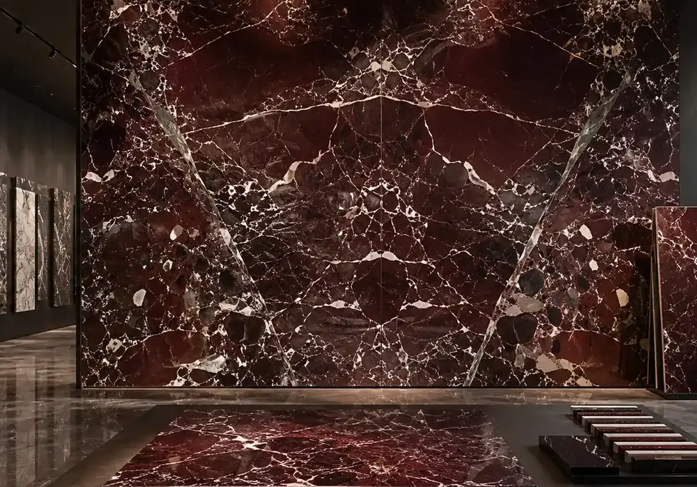 Deep wine-red colour meets fractured cream calcite, expressing the distinctive geology and true Liguria red stone origin.