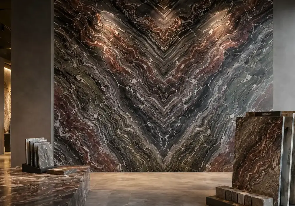 sophisticated statement stone across a statement wall, flooring and a sculptural countertop, with authentic slab variation.