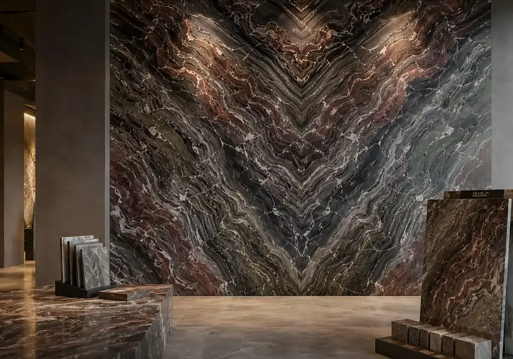 Rosso Luana marble price reference showing a red and brown slab with flowing waves, folded layers, across a luminous surface.
