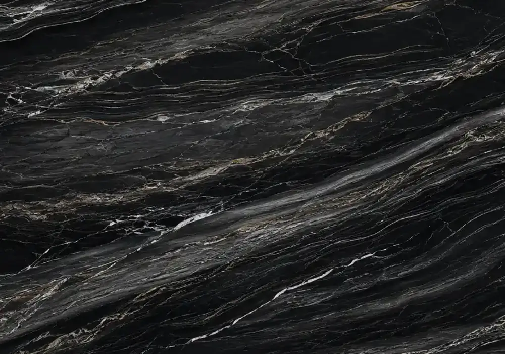 sophisticated monochrome feature stone across wall cladding, flooring and a stone countertop, with authentic slab variation.
