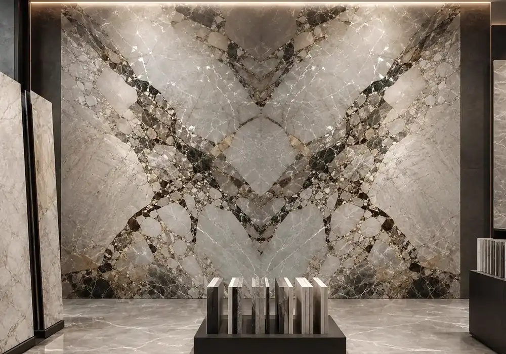 Silver Eldorado feature wall from consecutive polished slabs with bronze-gold threads, plus honed and low-sheen samples.