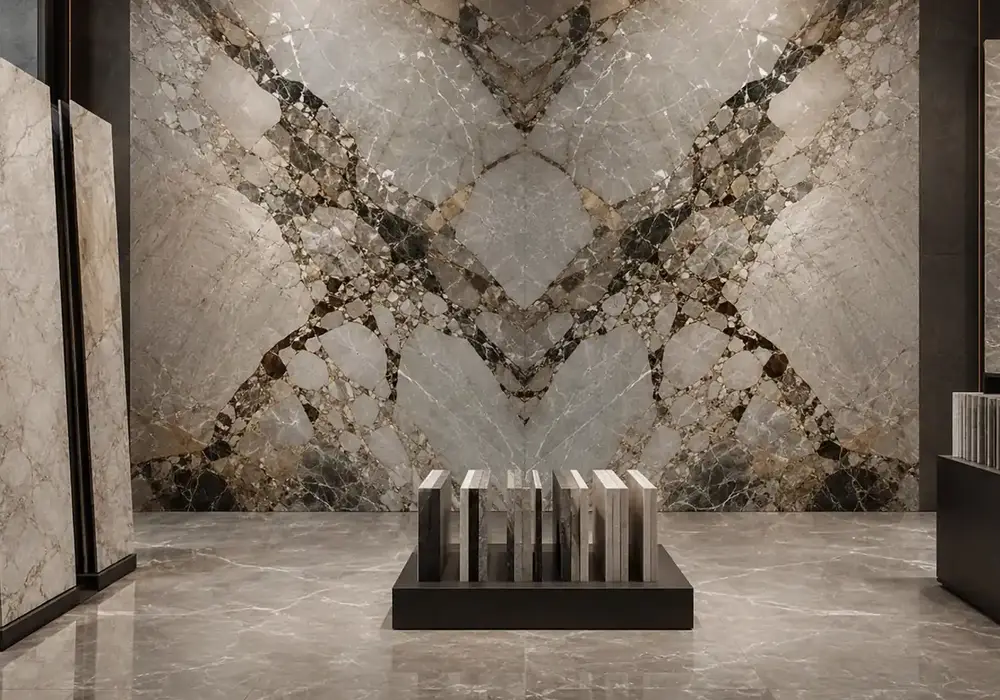 Silver Roots marble in a luxury living room, with natural veining, polished stone depth and refined architectural character.