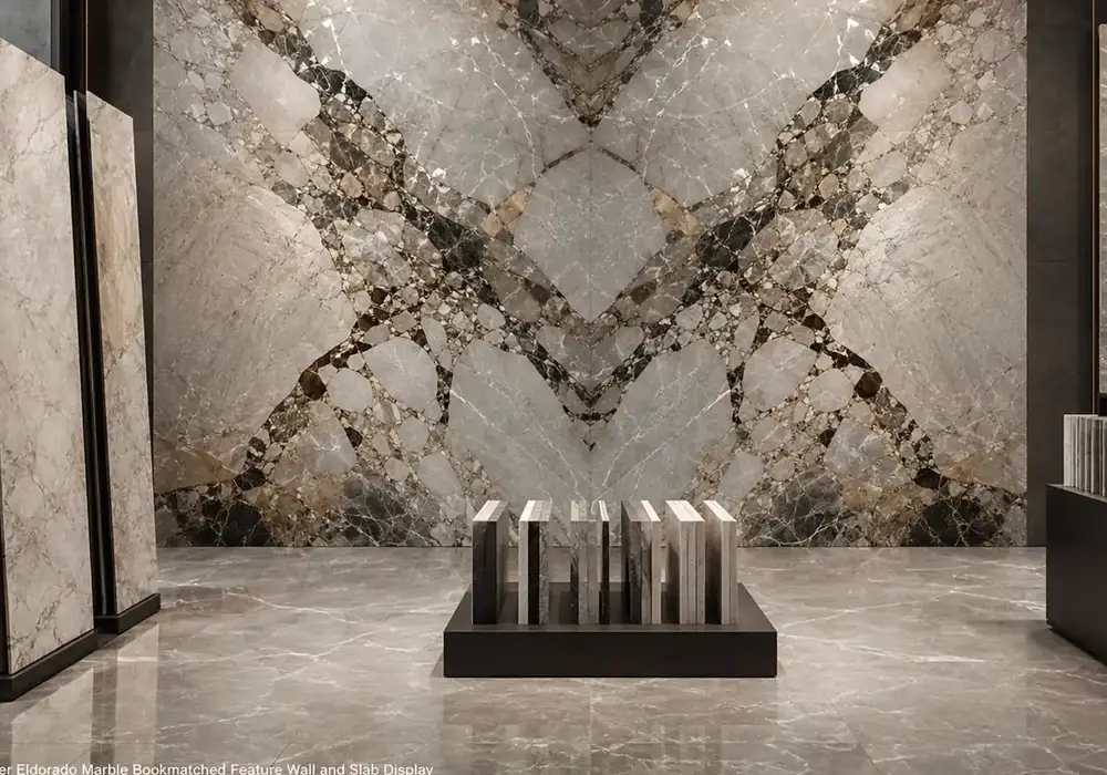sophisticated feature stone across a statement wall, flooring and a sculptural countertop, with authentic slab variation.