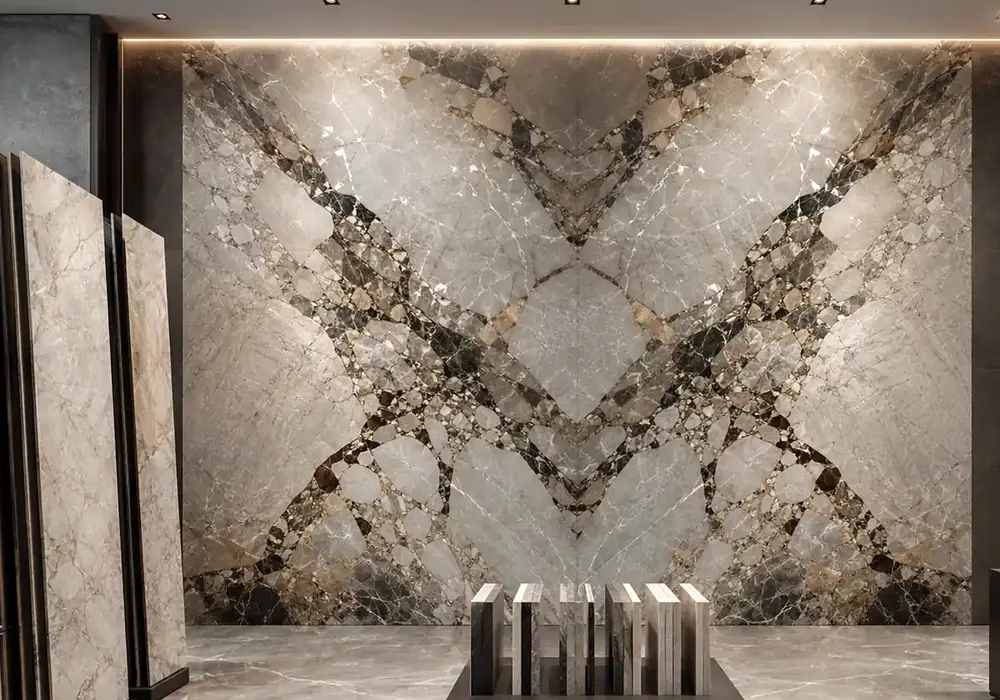 View Silver Eldorado marble price: grey and gold stone with branching veins and flowing waves, and delicate mineral contrast.