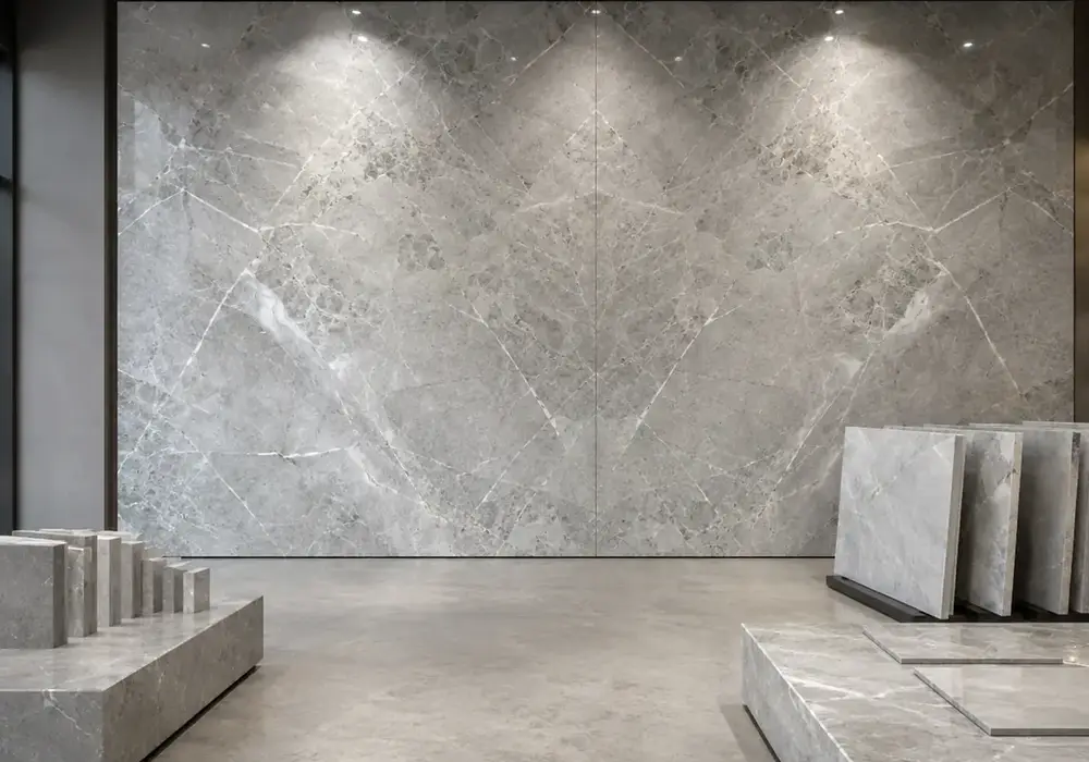 sophisticated modern feature stone across a feature wall, flooring and a sculptural countertop, with natural slab variation.