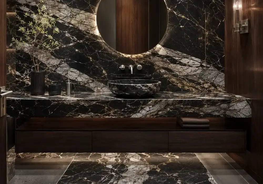 elegant reflective decorative material across luxury wall cladding, flooring and a stone countertop, with realistic finishes.