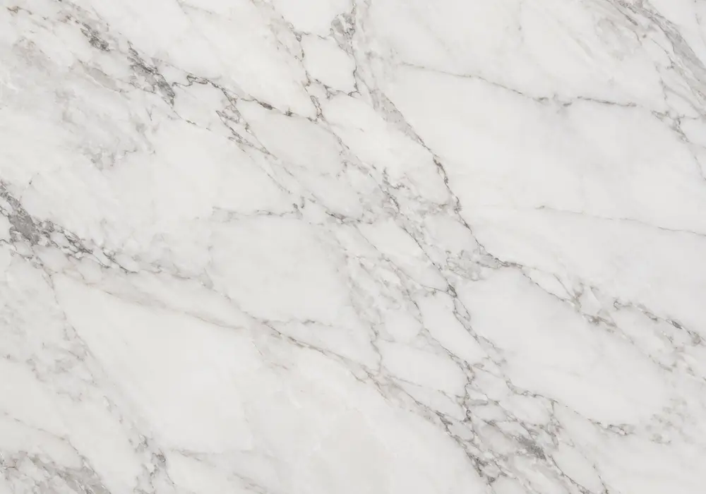 Fine-grained Bianco Sivec marble slab with brilliant white depth, delicate silver lines, beige clouds and crystalline polish.